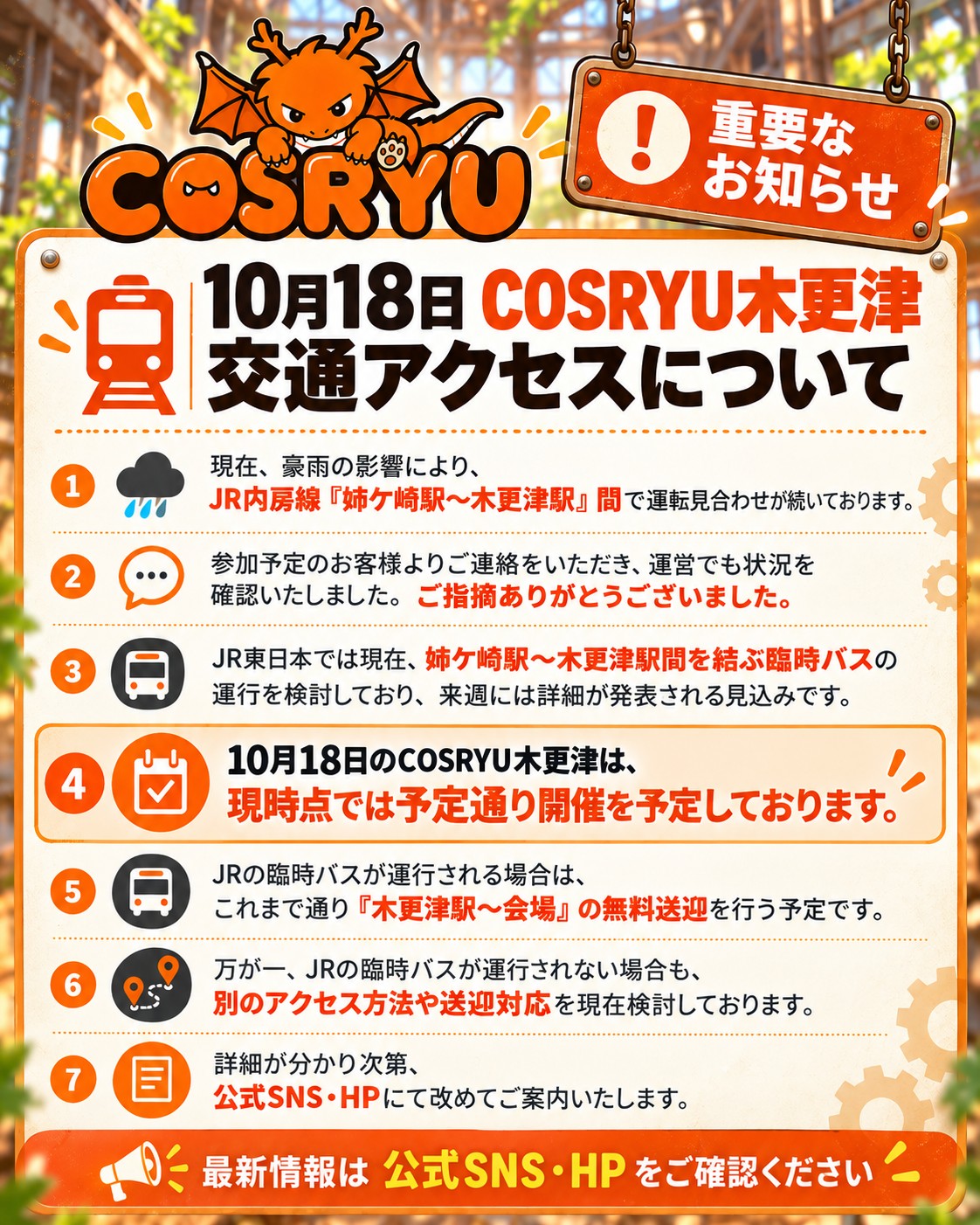 9月25日時点の交通アクセスに関するお知らせ。豪雨の影響によるJR内房線の運行見合わせや、臨時バスの検討状況、開催予定について案内した以前のお知らせ。