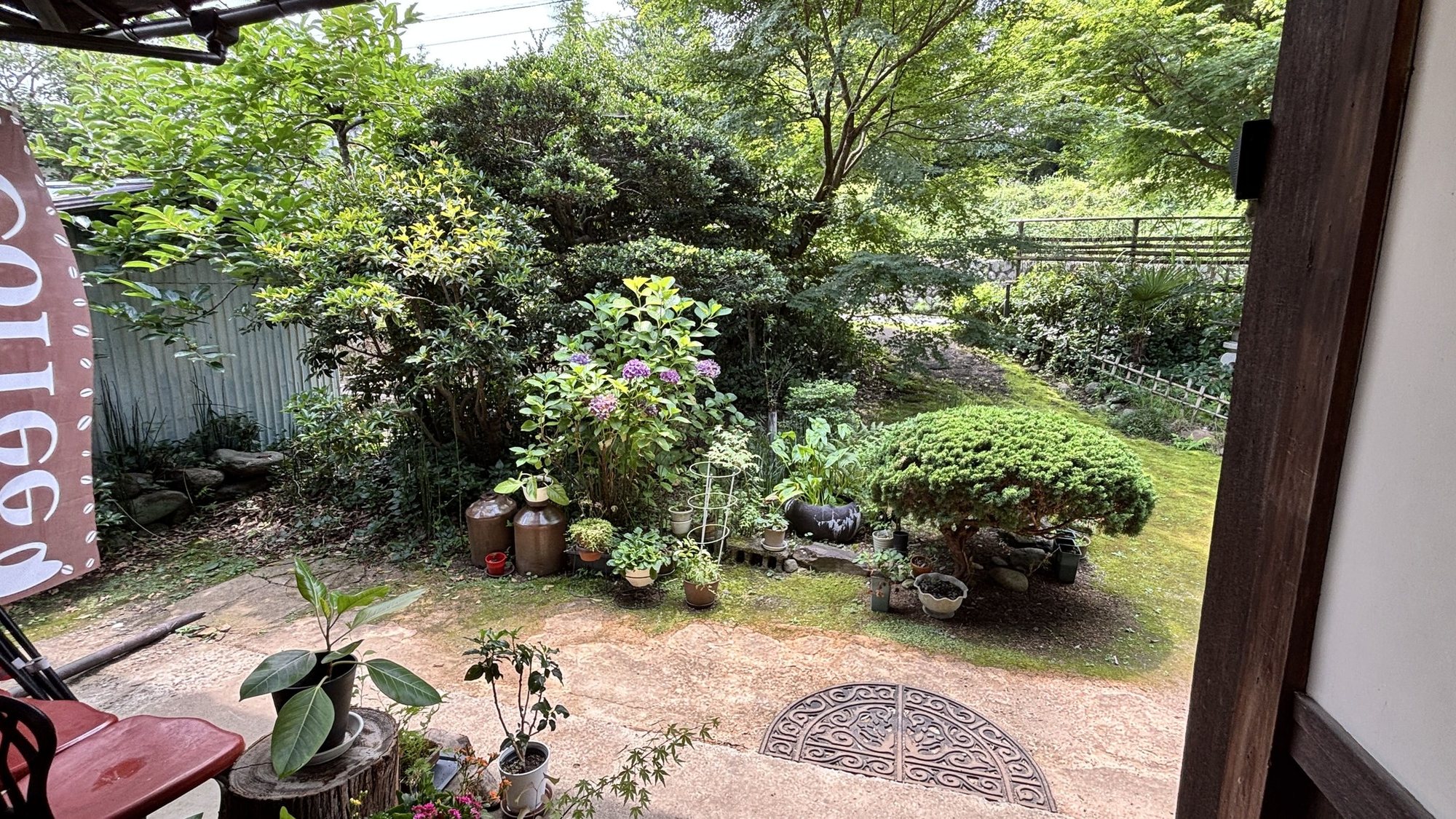 古民家カフェの庭木と庭園